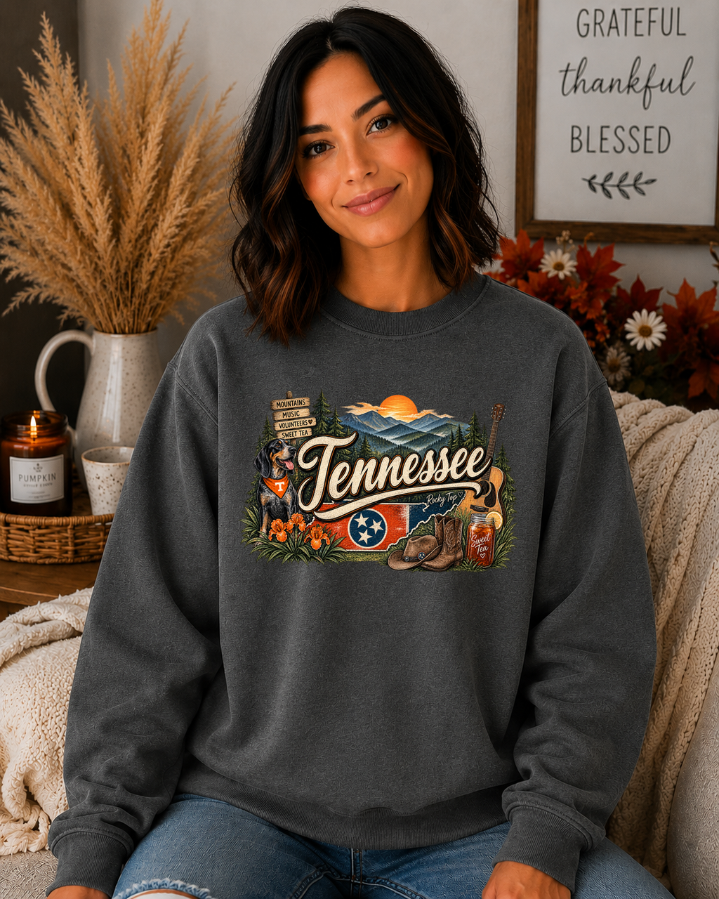 Tennessee Home Sweet Home Gildan Sweatshirt – Smoky Mountains, Music, Volunteer State & Southern Tennessee Graphic Crewneck