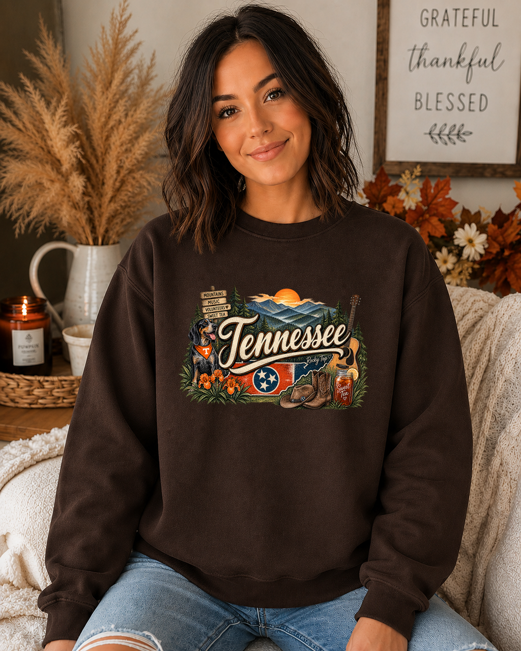 Tennessee Home Sweet Home Gildan Sweatshirt – Smoky Mountains, Music, Volunteer State & Southern Tennessee Graphic Crewneck