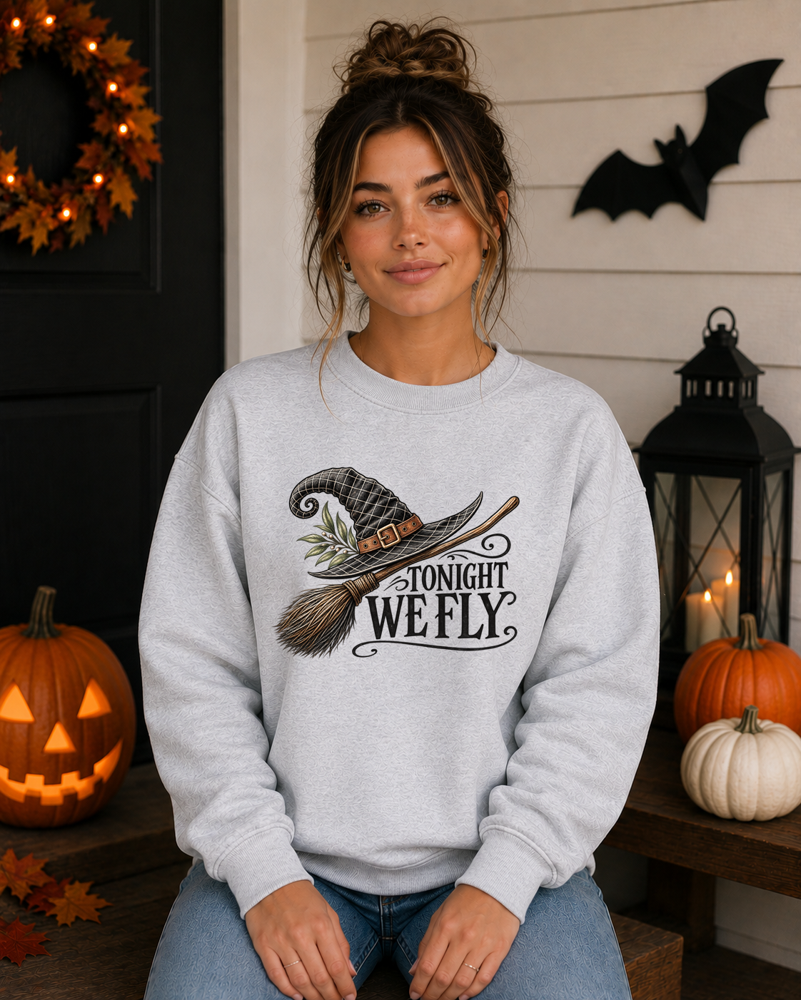 Tonight We Fly Witch Halloween Sweatshirt – Witch Hat & Broom Graphic Crewneck, Spooky Season Halloween Shirt, Vintage Witchy Fall Sweatshirt