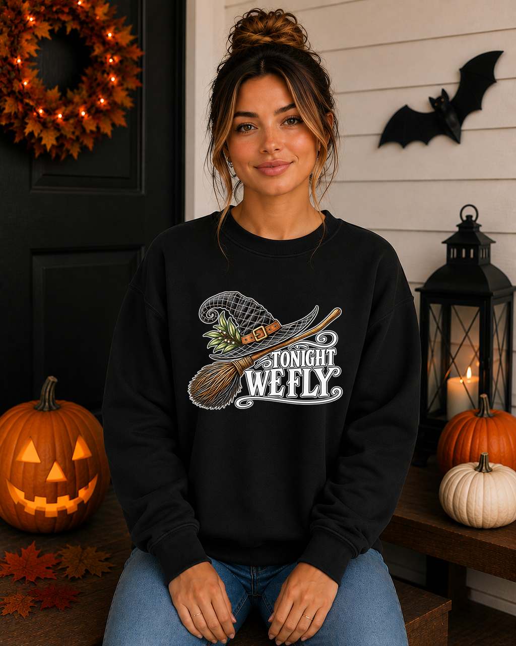 Tonight We Fly Witch Halloween Sweatshirt – Witch Hat & Broom Graphic Crewneck, Spooky Season Halloween Shirt, Vintage Witchy Fall Sweatshirt