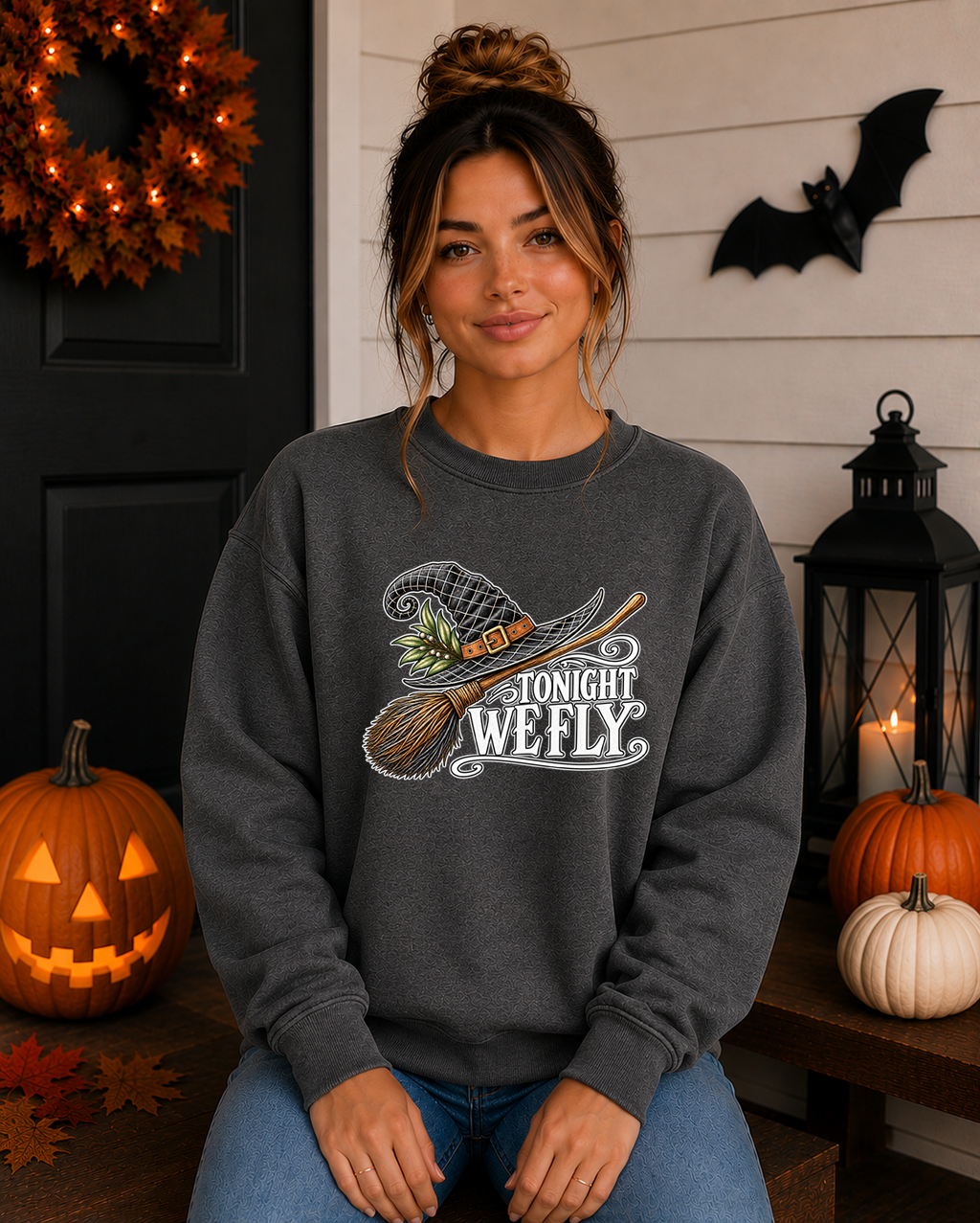 Tonight We Fly Witch Halloween Sweatshirt – Witch Hat & Broom Graphic Crewneck, Spooky Season Halloween Shirt, Vintage Witchy Fall Sweatshirt