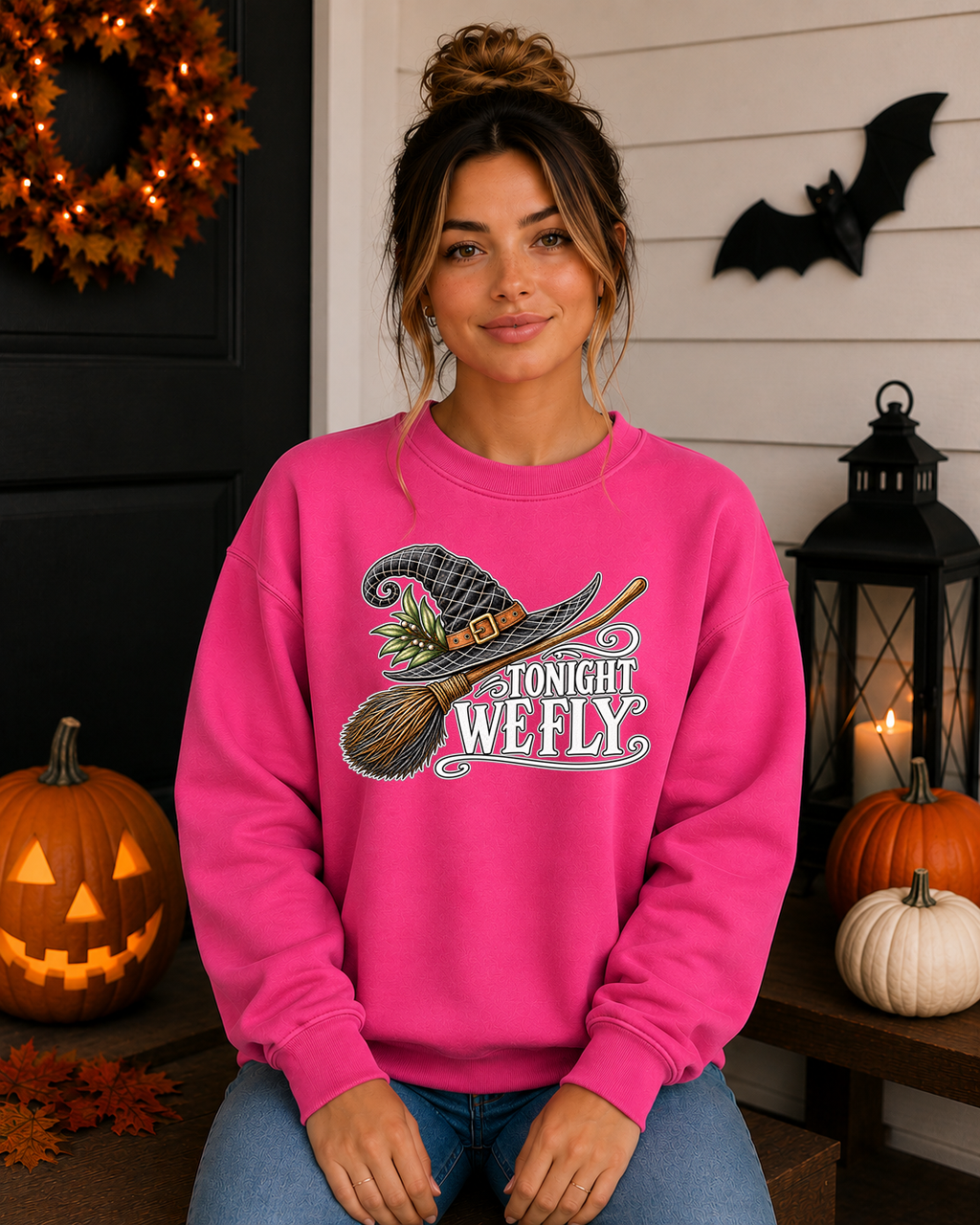 Tonight We Fly Witch Halloween Sweatshirt – Witch Hat & Broom Graphic Crewneck, Spooky Season Halloween Shirt, Vintage Witchy Fall Sweatshirt
