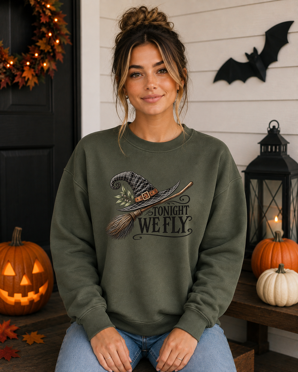 Tonight We Fly Witch Halloween Sweatshirt – Witch Hat & Broom Graphic Crewneck, Spooky Season Halloween Shirt, Vintage Witchy Fall Sweatshirt