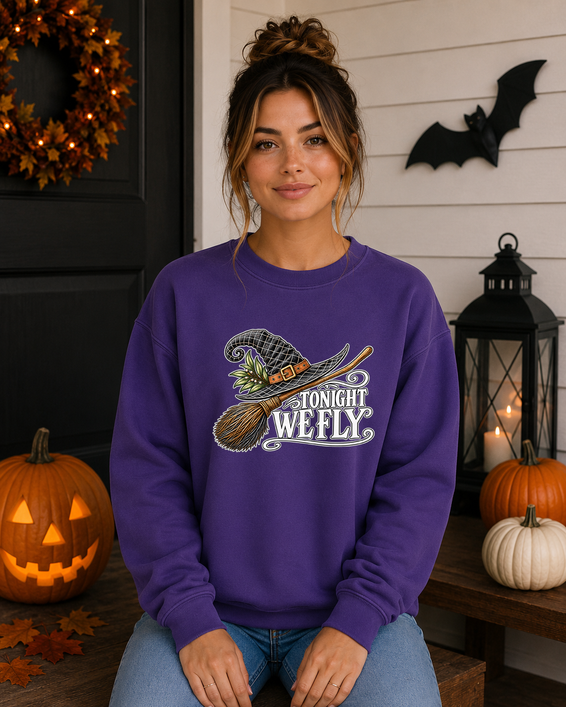 Tonight We Fly Witch Halloween Sweatshirt – Witch Hat & Broom Graphic Crewneck, Spooky Season Halloween Shirt, Vintage Witchy Fall Sweatshirt