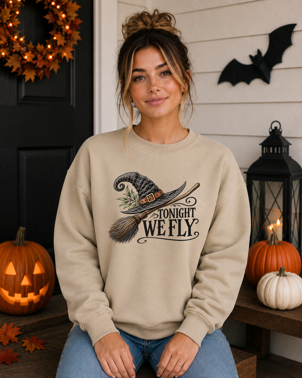 Tonight We Fly Witch Halloween Sweatshirt – Witch Hat & Broom Graphic Crewneck, Spooky Season Halloween Shirt, Vintage Witchy Fall Sweatshirt