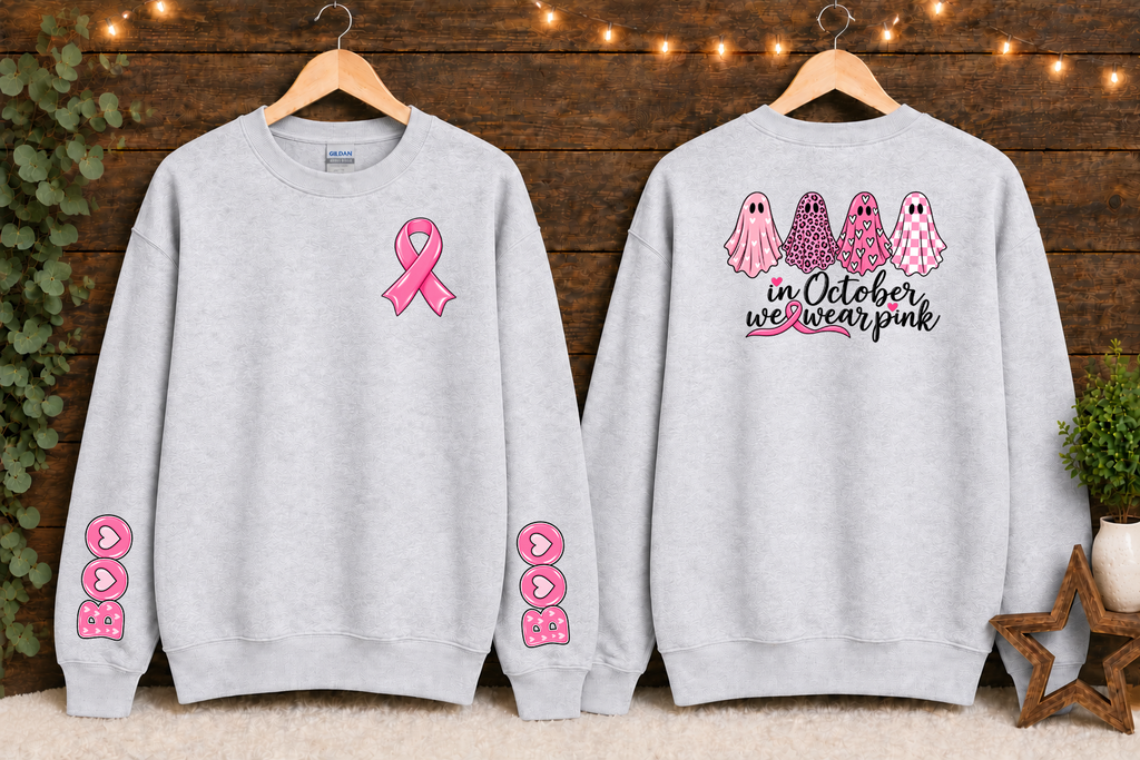 In October We Wear Pink Breast Cancer Awareness Gildan Sweatshirt – Pink Ghost Halloween Crewneck with Ribbon & BOO Sleeve Design
