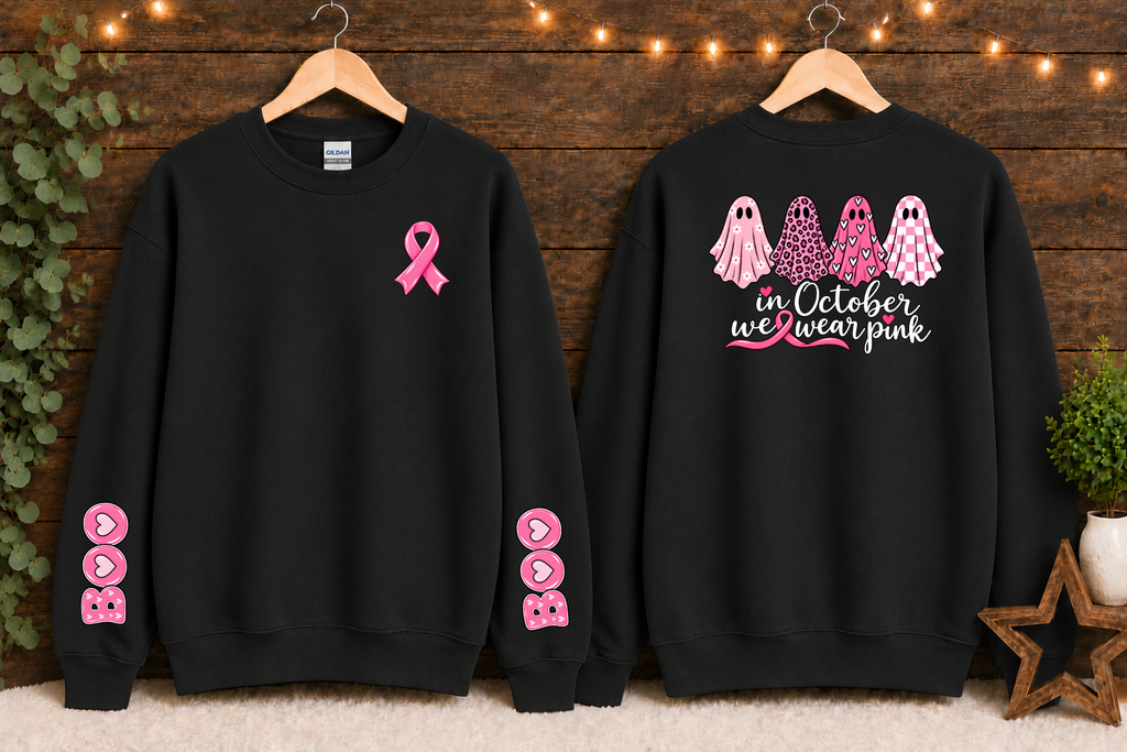 In October We Wear Pink Breast Cancer Awareness Gildan Sweatshirt – Pink Ghost Halloween Crewneck with Ribbon & BOO Sleeve Design