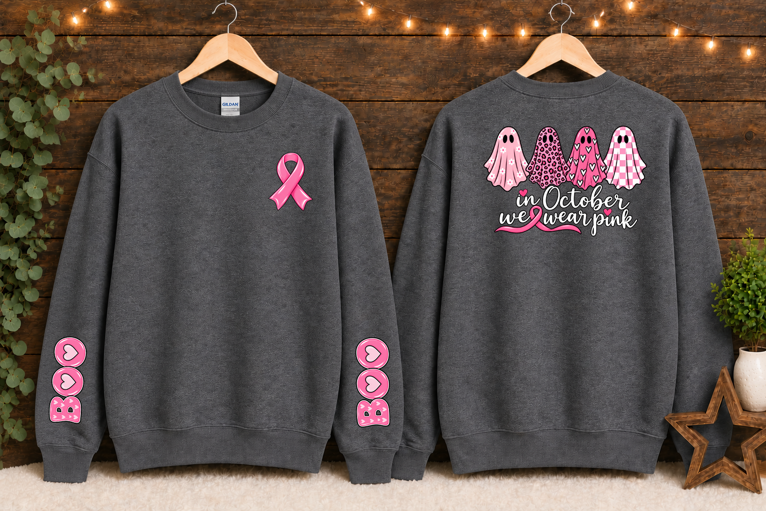 In October We Wear Pink Breast Cancer Awareness Gildan Sweatshirt – Pink Ghost Halloween Crewneck with Ribbon & BOO Sleeve Design