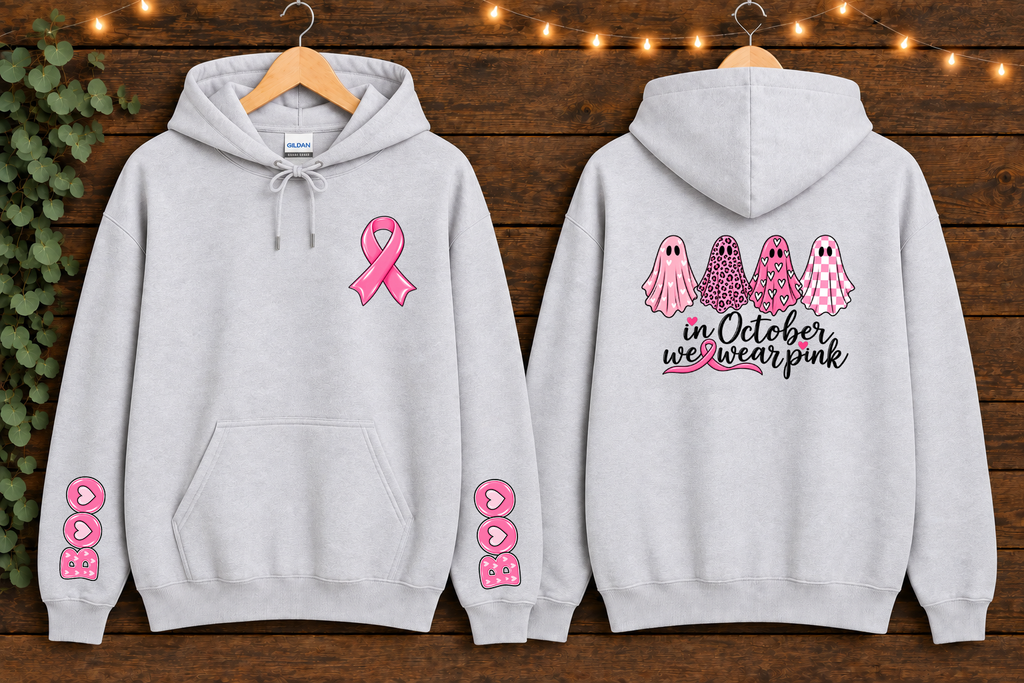 Gildan In October We Wear Pink Breast Cancer Awareness Hoodie – Pink Ghost Halloween Hoodie, Front Back & Sleeve Design, Breast Cancer Support Gift