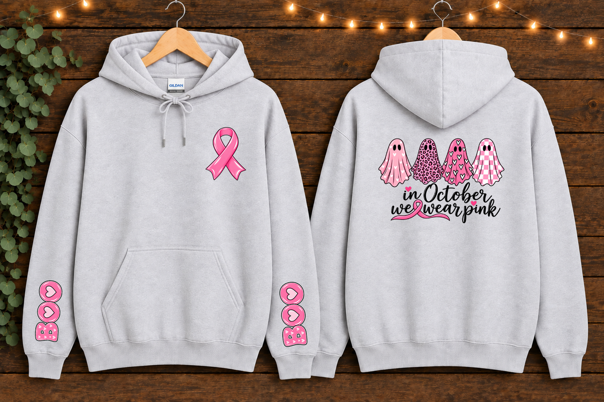 Gildan In October We Wear Pink Breast Cancer Awareness Hoodie – Pink Ghost Halloween Hoodie, Front Back & Sleeve Design, Breast Cancer Support Gift