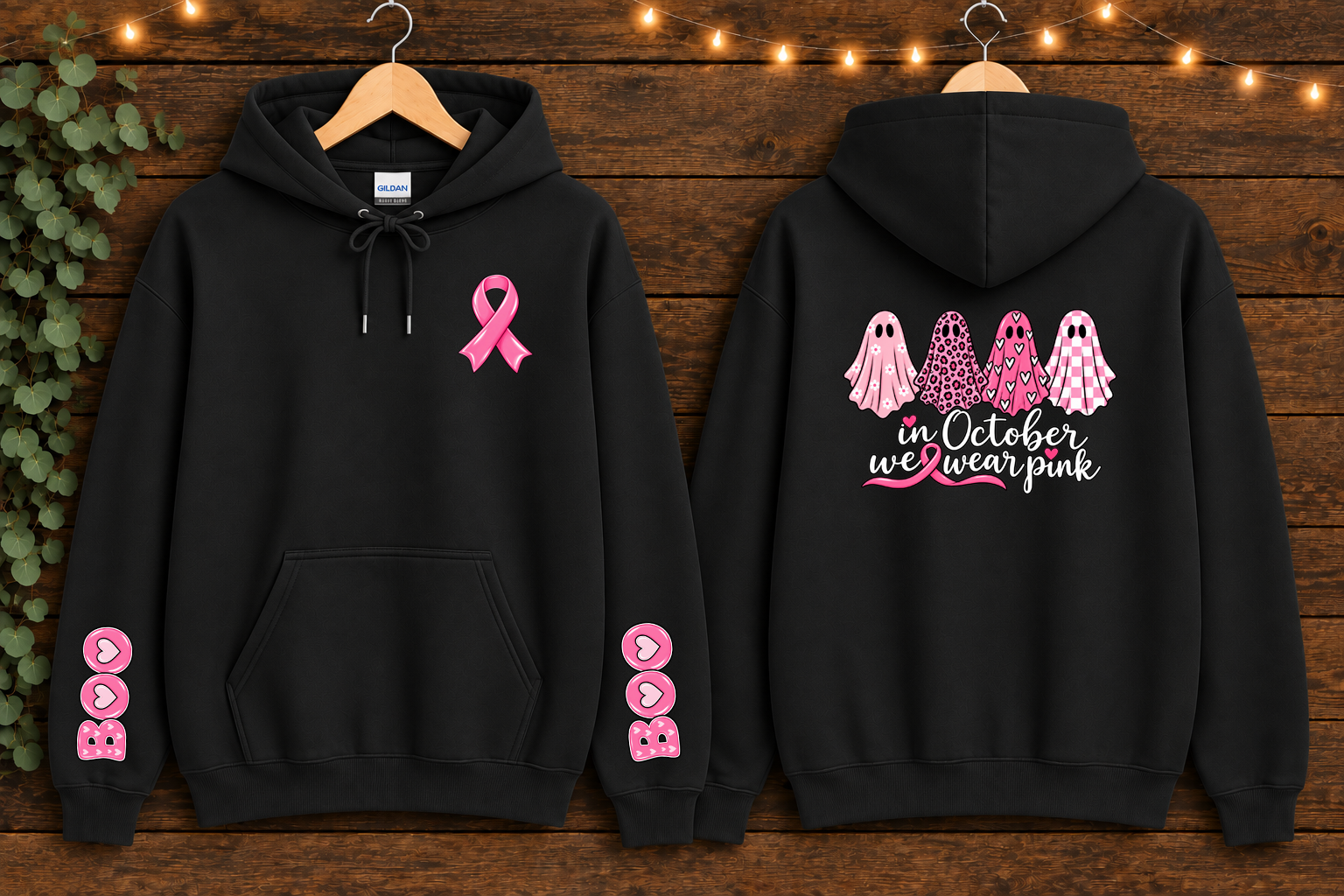 Gildan In October We Wear Pink Breast Cancer Awareness Hoodie – Pink Ghost Halloween Hoodie, Front Back & Sleeve Design, Breast Cancer Support Gift