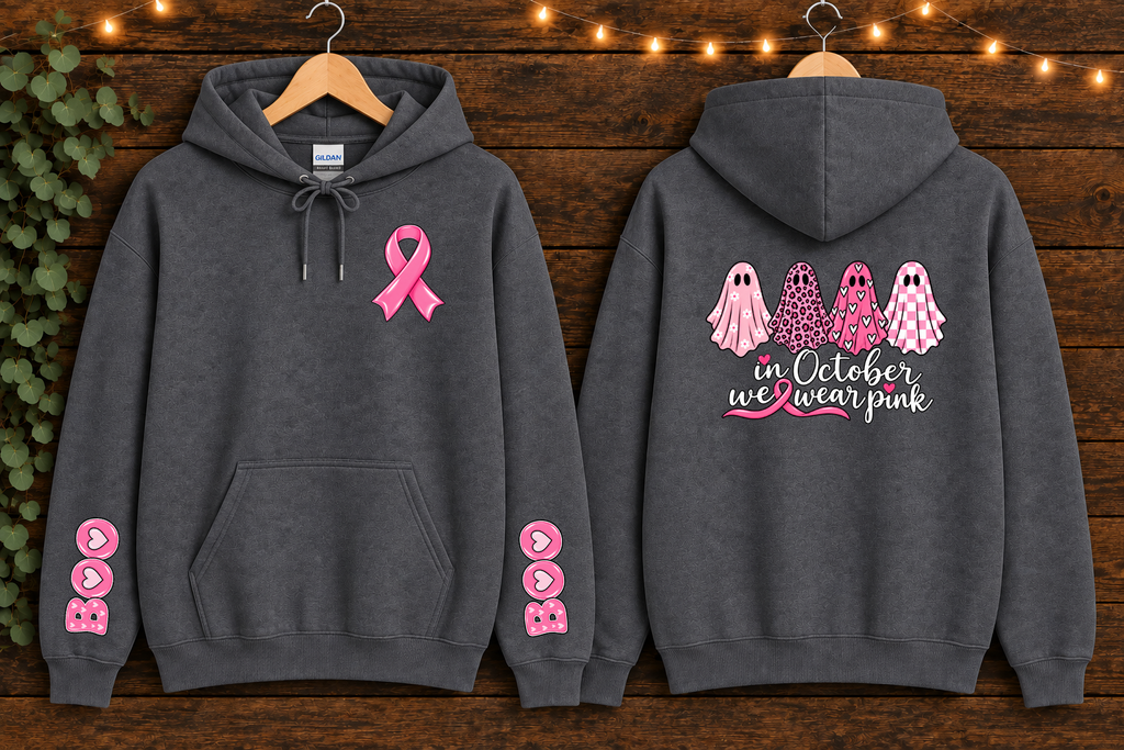 Gildan In October We Wear Pink Breast Cancer Awareness Hoodie – Pink Ghost Halloween Hoodie, Front Back & Sleeve Design, Breast Cancer Support Gift