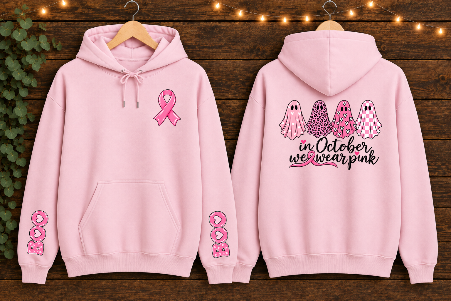 Gildan In October We Wear Pink Breast Cancer Awareness Hoodie – Pink Ghost Halloween Hoodie, Front Back & Sleeve Design, Breast Cancer Support Gift
