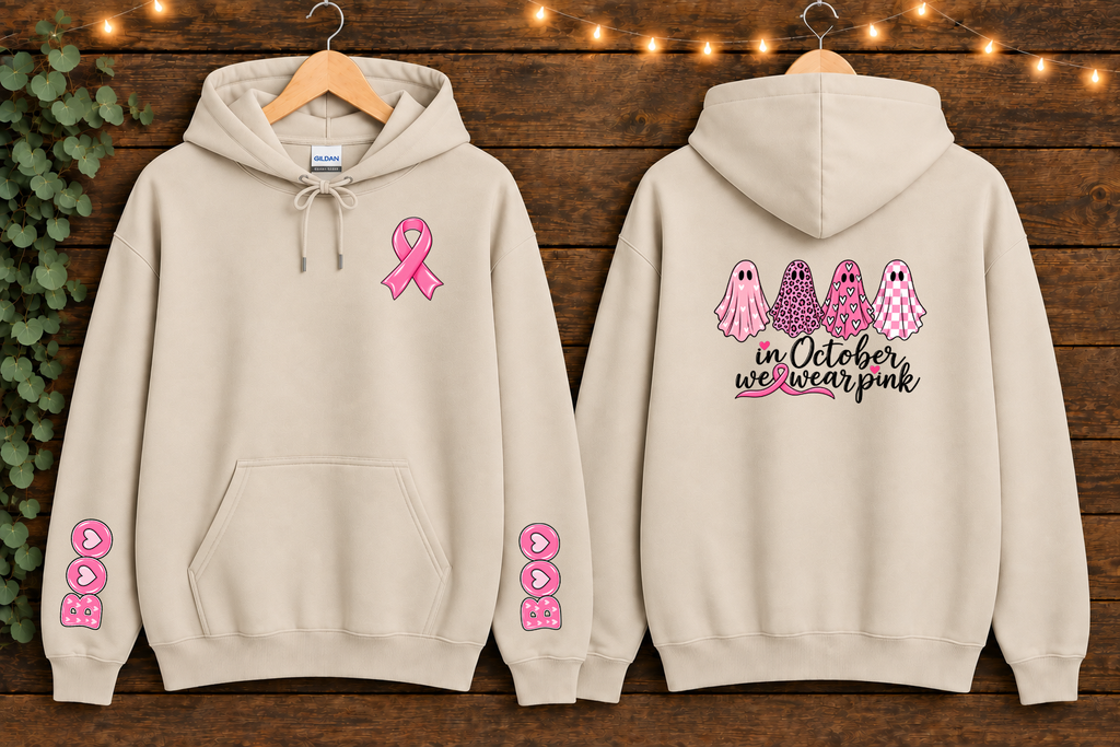 Gildan In October We Wear Pink Breast Cancer Awareness Hoodie – Pink Ghost Halloween Hoodie, Front Back & Sleeve Design, Breast Cancer Support Gift