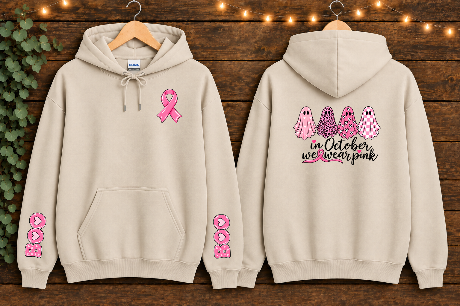 Gildan In October We Wear Pink Breast Cancer Awareness Hoodie – Pink Ghost Halloween Hoodie, Front Back & Sleeve Design, Breast Cancer Support Gift