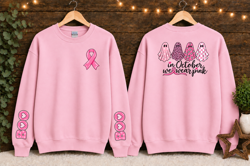 In October We Wear Pink Breast Cancer Awareness Gildan Sweatshirt – Pink Ghost Halloween Crewneck with Ribbon & BOO Sleeve Design