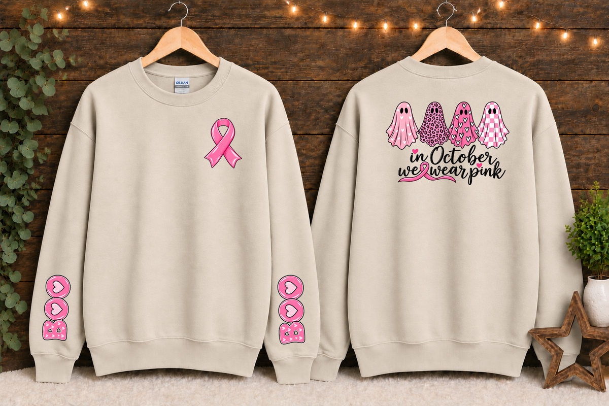 In October We Wear Pink Breast Cancer Awareness Gildan Sweatshirt – Pink Ghost Halloween Crewneck with Ribbon & BOO Sleeve Design