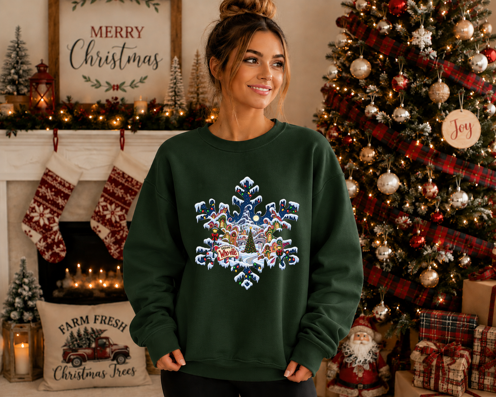 Whoville Christmas Snowflake Gildan Sweatshirt – Festive Holiday Village Christmas Crewneck