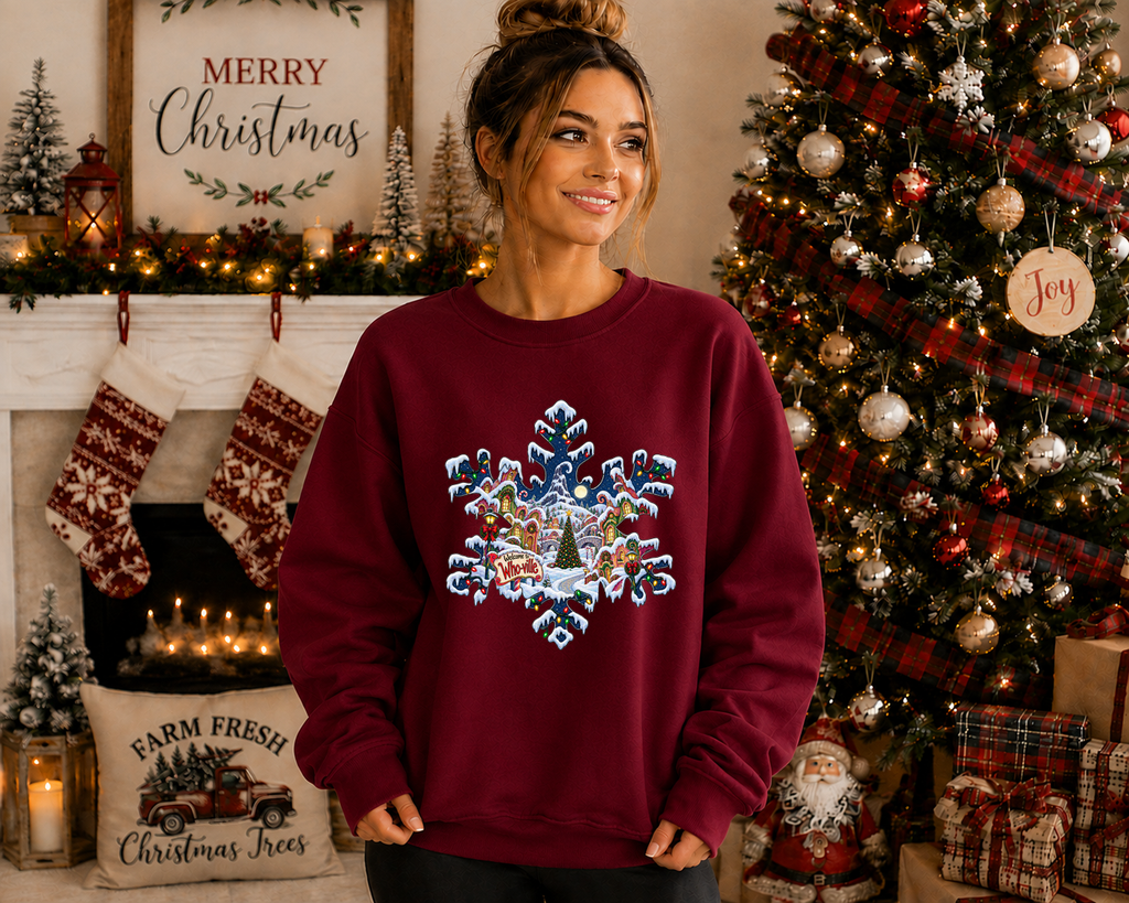 Whoville Christmas Snowflake Gildan Sweatshirt – Festive Holiday Village Christmas Crewneck