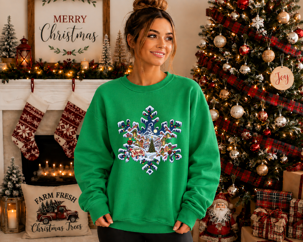 Whoville Christmas Snowflake Gildan Sweatshirt – Festive Holiday Village Christmas Crewneck