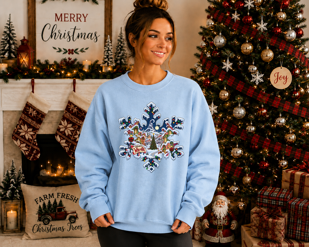 Whoville Christmas Snowflake Gildan Sweatshirt – Festive Holiday Village Christmas Crewneck