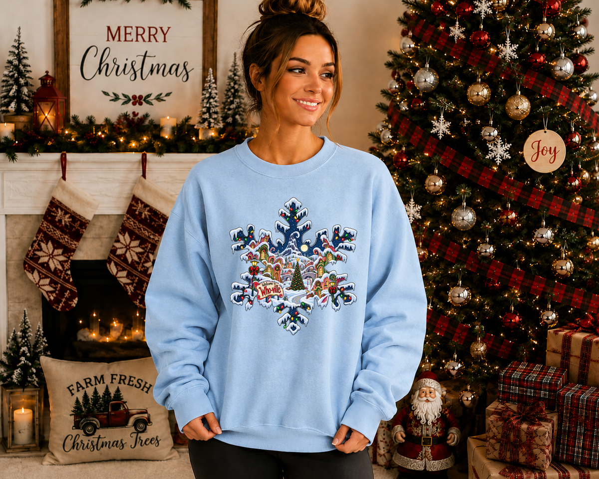 Whoville Christmas Snowflake Gildan Sweatshirt – Festive Holiday Village Christmas Crewneck