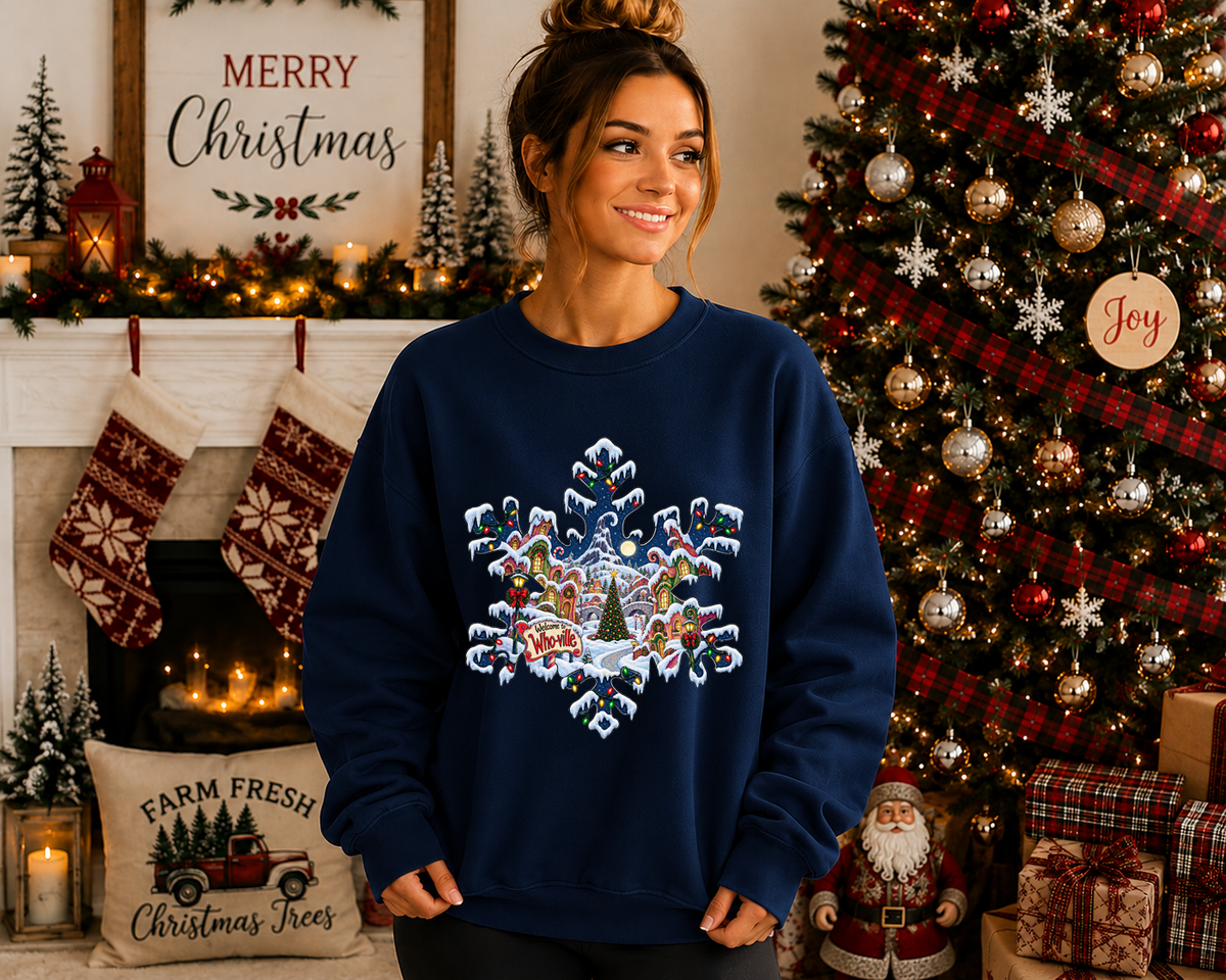 Whoville Christmas Snowflake Gildan Sweatshirt – Festive Holiday Village Christmas Crewneck