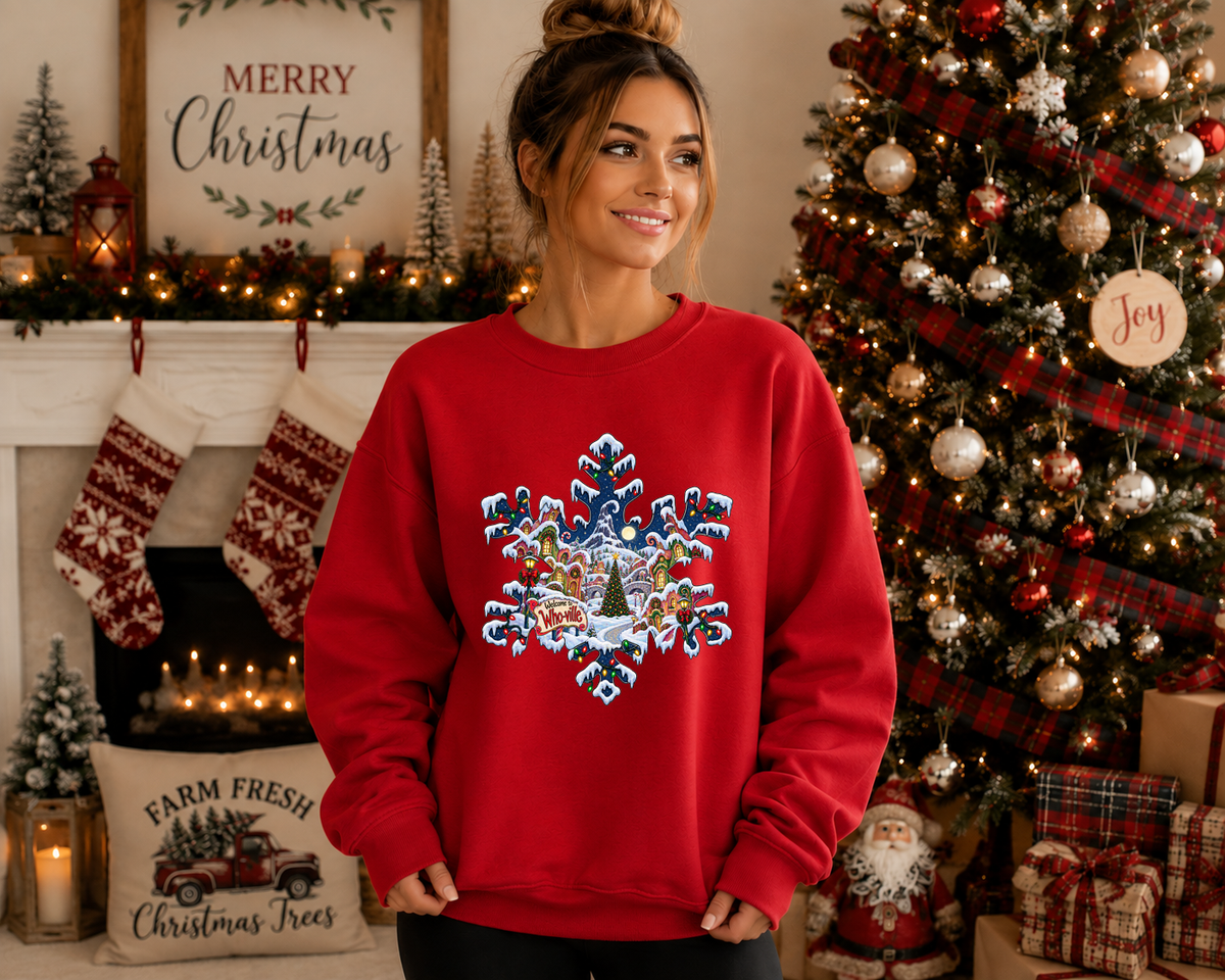 Whoville Christmas Snowflake Gildan Sweatshirt – Festive Holiday Village Christmas Crewneck