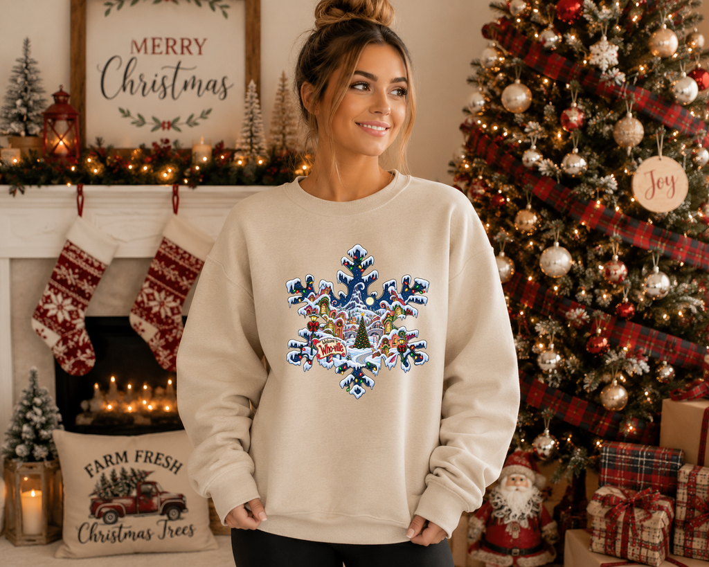 Whoville Christmas Snowflake Gildan Sweatshirt – Festive Holiday Village Christmas Crewneck