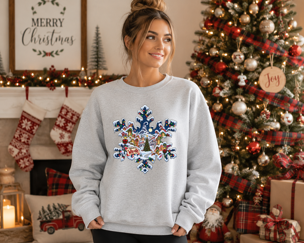 Whoville Christmas Snowflake Gildan Sweatshirt – Festive Holiday Village Christmas Crewneck